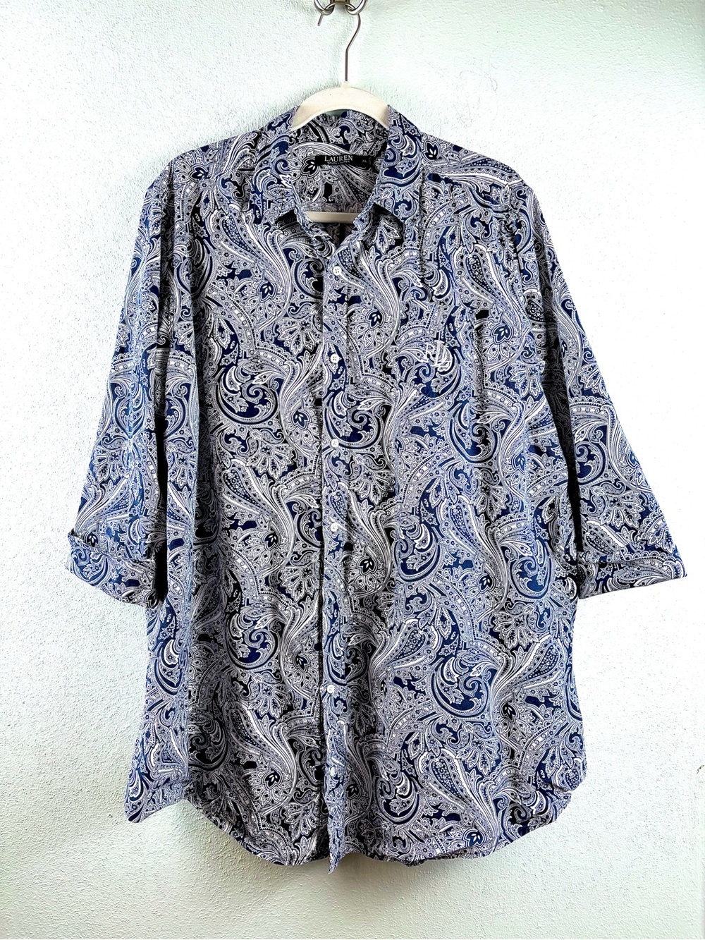Lauren Ralph Lauren 100% Cotton Navy Paisley Button Down Tunic Embroid, Size XL